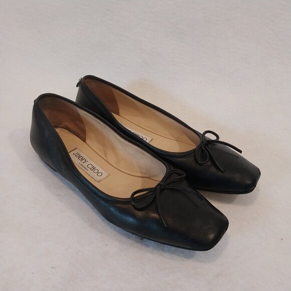 Jimmy Choo Shoes Womens 6 Ballet Flats Shay Black Leather Bow Logo Slip On. - Picture 1 of 9